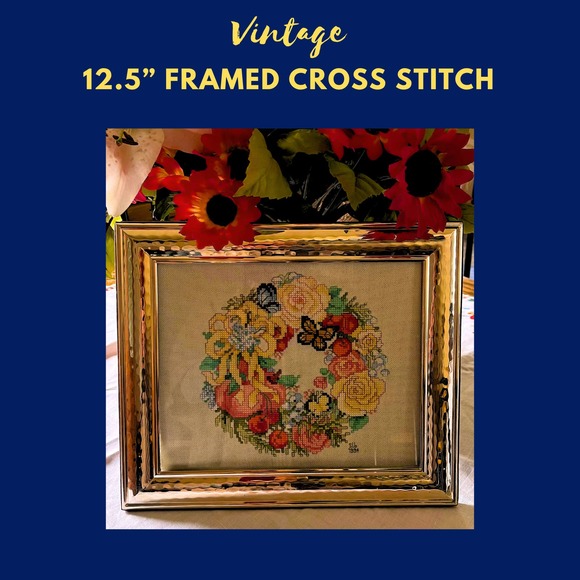 Vintage Handmade Butterfly Wreath Cross Stitch Gold Framed Wall/Stand Decor - Picture 1 of 9